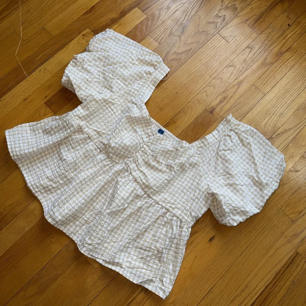 Old Navy Top 3X Beige Gingham Puff Sleeve Square Neck Peplum Cottage Boho Cotton